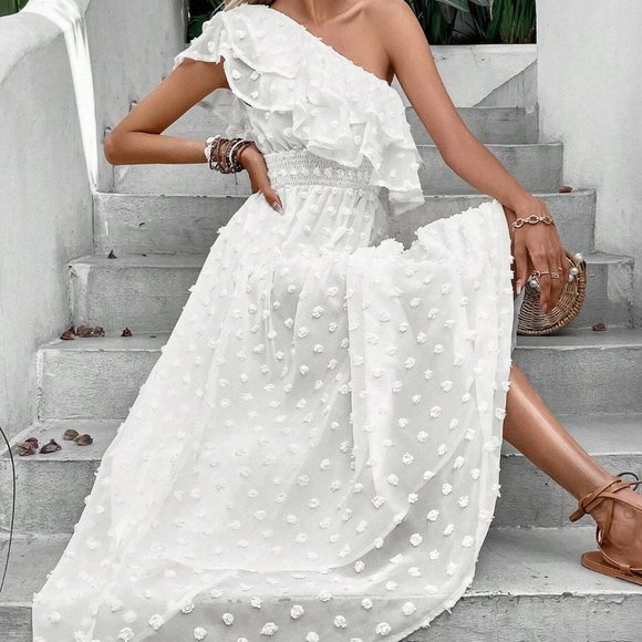 White Boho Womens Swiss Dot One Shoulder Ruffle Trim Dress - Picture 5 of 5